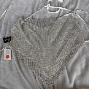 Y2K Party Girl Silver Sequin Drape Going Out Top Tie Back Halter Sz L New W/ Tag